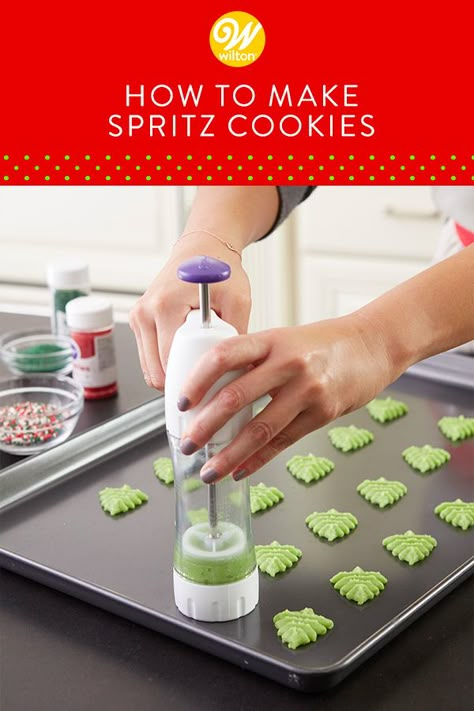 Buttery Spritz Cookies, Cookie Press Recipes, Melted Candy, Spritz Cookie Recipe, Sanding Sugar, Spritz Cookies, Filled Cookies, Cookie Press, Savory Cakes