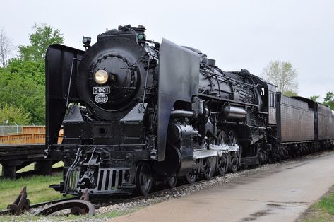 New York Central #3001, a 4-8-2 "Mohawk"-type locomotive constructed by the American Locomotive Works in 1940.  Dubbed "Mohawk" instead of the normal "Mountain" (4-8-2) type after New York's Mohawk River, it was used heavily in dual (freight and passenger) service until retirement in 1957.  The largest New York Central steam locomotive still in existence, it is currently on display at the National New York Central Railroad Museum in Elkhart, Indiana. Train Tattoo, Nyc Train, Elkhart Indiana, New York Central Railroad, Train Board, Csx Trains, Train Video, Steam Engine Trains, Railroad History