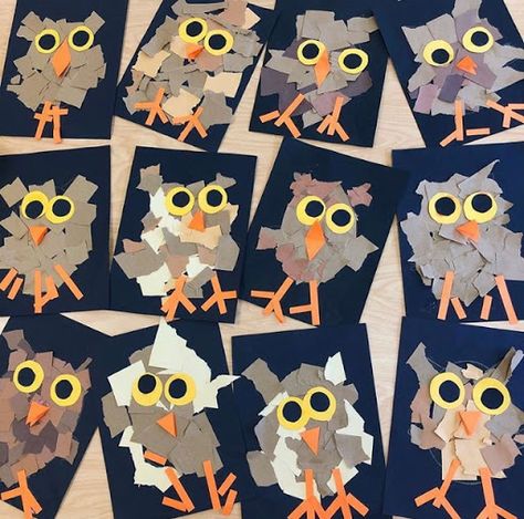 Art with Mr. Giannetto: Kindergarten - Torn Paper Owls Owl Craft, Woodland Animal Art, Animal Art Projects, Kindergarten Art Projects, Tree Study, Fall Art Projects, Paper Owls, Owl Crafts, Kindergarten Art