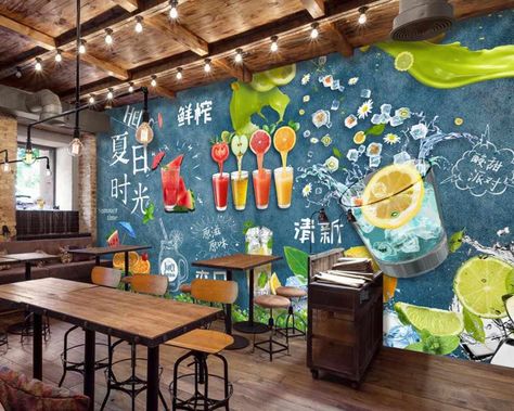 The Most Beautiful Interior Designs of Fruit Juice Shop - The Architecture Designs Restaurant Wallpapers, Bar Wall Design, Juice Bar Interior, Shop Mural, Small Shop Design, Juice Bar Design, Juice Shop, Smoothie Shop, Food Kiosk