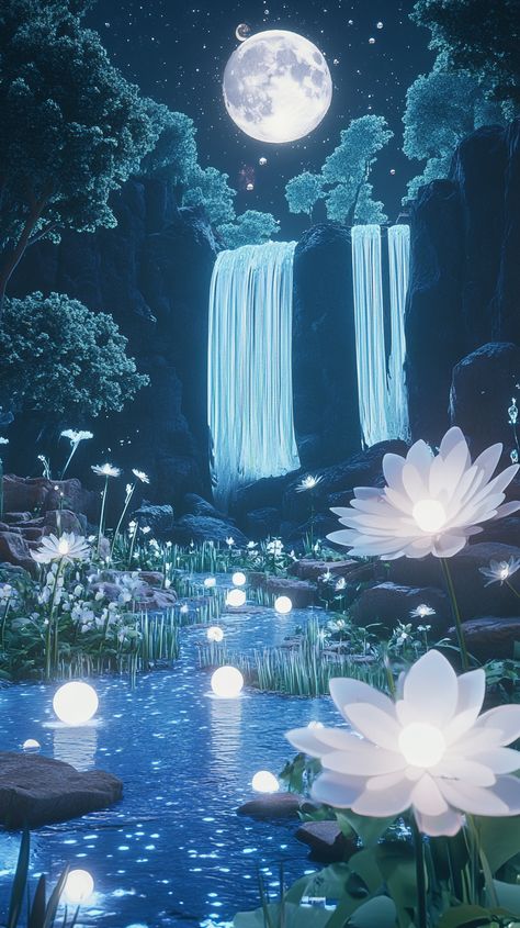 A dreamlike forest with floating crystal orbs, giant luminescent flowers, and an ethereal waterfall cascading from the sky under a kaleidoscopic moonlight. Mystic Waterfall, Ethereal Waterfall, Story Backgrounds, Crystal Orb, Ethereal Aesthetic, Interactive Stories, The Sky, Surrealism, Art Inspo