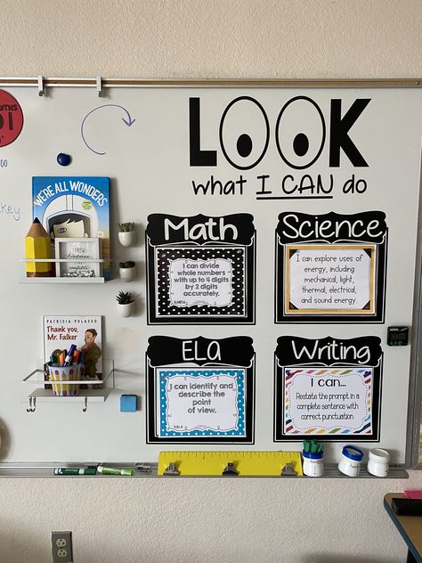 Standards Wall Classroom, 2nd Grade White Board Set Up, Classroom Work Wall Ideas, Focus Wall Classroom Third Grade, Standards Display In Classroom, Classroom Objectives Display Elementary, Classroom I Can Statement Board, Lesson Plan Bulletin Board, Whiteboard Bulletin Board Ideas