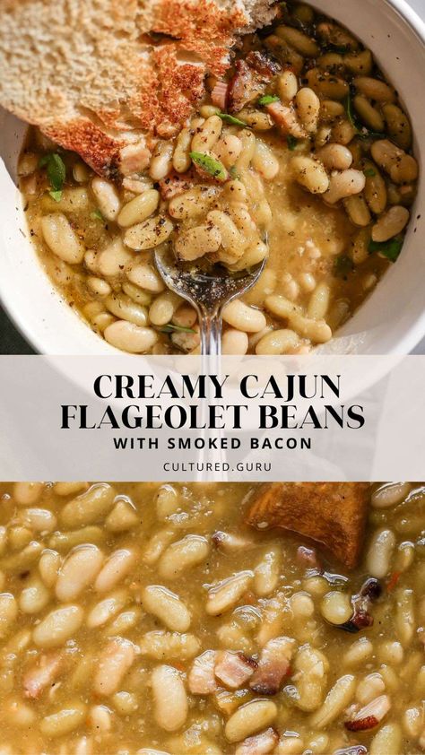 Cajun Flageolet Beans with Smoked Bacon is a delightful dish that combines the earthy richness of flageolet beans with the smoky, savory flavors of bacon. This mouthwatering meal is flavorful, hearty, and comforting. #cajun #beans #bacon Flageolet Beans Recipes, Cajun Beans, Chicken Soup With Egg Noodles, Soup With Egg Noodles, Soup With Egg, Cottagecore Baking, Beans And Bacon, Hearty Chicken Soup, Easy Chicken Noodle Soup