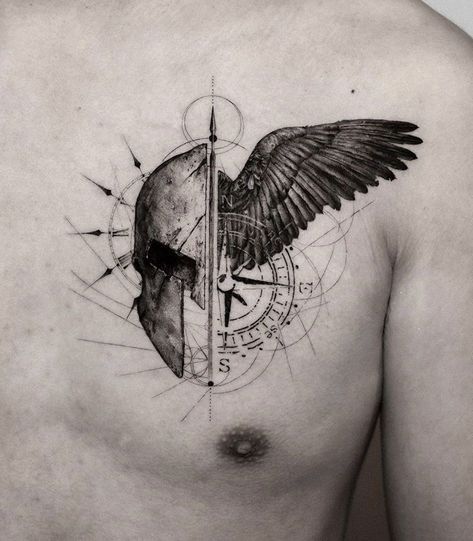 Chest And Arm Tattoo Men Ideas, Tattoo For Chest Men, Modern Tattoo Men, Chest Tattoo Men Ideas Small, Tattoo For Chest, Warrior Tattoos For Men, Men Chest Tattoo, Spartan Helmet Tattoo, Chest Tattoos For Men