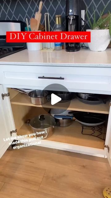 Brandali M Radulovich on Instagram: "Upcycled my cabinet shelf into a handy pull-out drawer!  Perfect for storing spices or other kitchen essentials I tend to lose in the back of the cabinet. #DIY #kitchenhacks #cabinorganization #diy #drawer #quickdiy" Kitchen Cabinets Into Drawers, How To Make Pull Out Drawers In Cabinets, Adding Pull Out Drawers To Cabinets, Diy Pull Out Drawers In Cabinets, Cabinet Organization Ideas, How To Build Pull Out Cabinet Drawers, Kitchen Spice Drawer Pull Out, Sliding Drawers Diy Pull Out Shelves Kitchen, Storing Spices