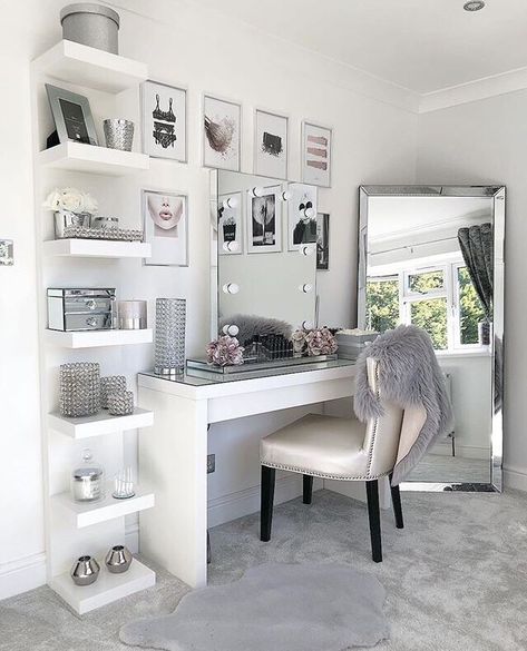 Dressing room goals from @no40_home_renovation featuring our Diaz Hollywood Mirror | Dressing Table | Dressing Table Ideas | Dressing Table Organisation | Dressing Table Decor | Dressing Table Chair | Dressing Table Mirror | Dressing Table Modern | Dressing Table Stool #dressingtable #dressingtables #dressingtablemirror #dressingtablestool #dressingtablemirrors #mirroreddressingtable #dressingtablechair #moderndressingtable #dressingtablewithmirror #dressingtablemirrorwithlights Bilik Tidur Perempuan, Reka Bentuk Bilik Tidur, Bilik Idaman, Dressing Room Decor, Bedroom Decor For Teen Girls, White Desk, Vanity Room, Light Ideas, Vanity Mirrors