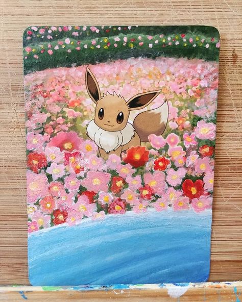 Evee Pokemon Painting, Pokemon Cards Painted, Pokemon Oil Painting, Painting Pokemon Cards, Pokemon Card Painting, Painting Ideas Pokemon, Pokemon Acrylic Painting, Painted Pokemon Cards, Pokémon Card Art