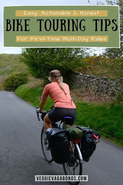 Bicycle touring tips pin, with a girl cycling through the Lake District National Park Bike Touring Packing, Bike Touring Gear, Biking Tips, Runway Aesthetic, Cycle Touring, Mt Bike, E Bikes, Cycling For Beginners, Bike Packing