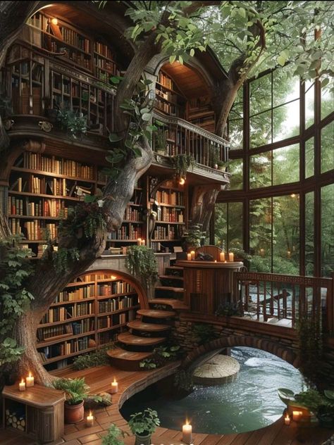 Fantasy Living Room Aesthetic, Enchanted Office Decor, Fantasy Homes Interior, Pretty Home Library, Fairy Library Aesthetic, Dream Home Library Aesthetic, Huge Home Library, Library Skylight, Mythical Library