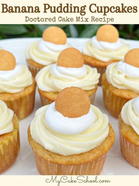 Banana Cake Mix, Doctored Cake Mix Recipes, My Cake School, Banana Pudding Cupcakes, Dessert Banana, Pudding Banana, Cake Mix Doctor, Pudding Cakes, Cake Mix Recipe