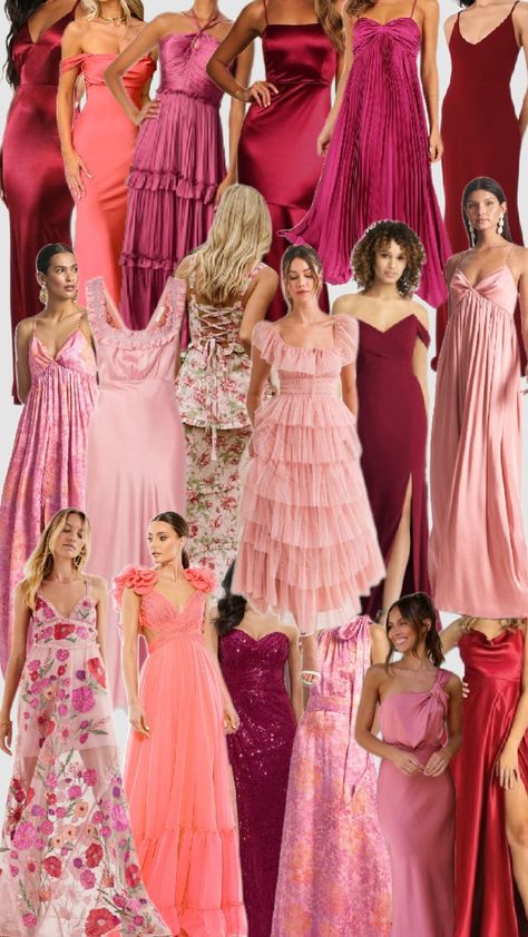 mismatched bridesmaid dresses, pinks and reds #bridesmaids #bridalparty #romantic #colorpalette Pastel Red Bridesmaid Dresses, Bridesmaid Dresses Pinks And Reds, Magenta Bridesmaid Dresses Mismatched, Berry Bridesmaid Dresses Color Schemes, Fuscia Bridesmaids Dress, Different Shades Of Red Bridesmaid Dress, Flamingo Pink Bridesmaid Dresses, Shades Of Pink And Red Wedding, Pink Palette Bridesmaid Dresses