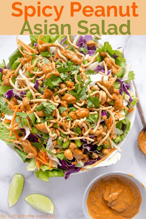 This Asian Salad with homemade spicy peanut dressing is deliciously addicting! Perfect for lunch or dinner. #salad #saladdressing #peanutsauce #peanutdressing #spicypeanut #asiansalad #saladrecipe Nanas Recipes, Peanut Salad Dressing, Peanut Butter Salad, Crispy Chow Mein Noodles, Spicy Peanut Dressing, Thai Peanut Salad, Asian Salad Recipe, Asian Salad Dressing, College Recipes