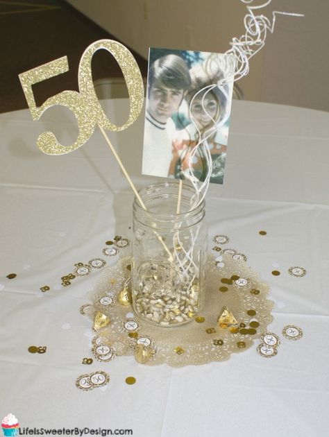 50th Anniversary Party 50th Anniversary Table, Wedding Anniversary Centerpieces, 50th Anniversary Centerpieces, 50th Anniversary Party Decorations, Anniversary Party Ideas, Golden Anniversary Party, Anniversary Centerpieces, 50th Year Wedding Anniversary, 50th Wedding Anniversary Decorations