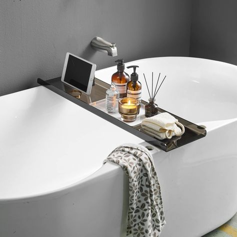 PRICES MAY VARY. SUITABLE FOR MOST BATHTUB TYPES - This bathtub caddy tray is 31.5'' in length,which fits in almost all standard bathtubs on the market. BEAUTIFUL LOOK - Water-resistant Acrylic that wipes down easily with a damp cloth. This Acrylic bathtub tray makes everything look beautiful and better organized. It will match almost any decor and will go perfectly with your other bathtub accessories. STURDY, SAFE AND BUILT TO LAST - This unique bathtub caddy is made of the highest quality Acry Bathtub Shelf, Tub Remodel, Bathroom Caddy, Relaxing Bathroom, Bathtub Caddy, Bathtub Decor, Bathtub Tray, Acrylic Tub, Tub Ideas