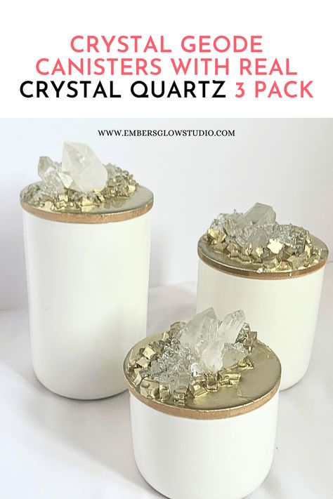 Crystallizing Objects, Crystal Crafts To Sell, Crystal Decor Ideas, Geode Crafts, Quartz Crystal Decor, Geode Decor, White Canisters, Crystal Room, Resin Work