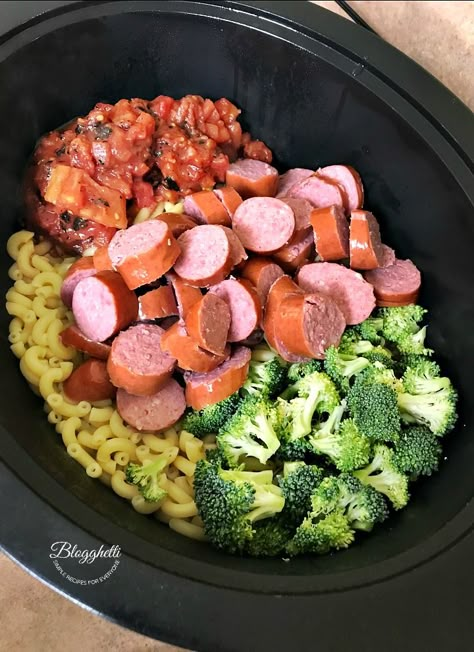 Full Meals In Crockpot, Sausage Broccoli Mac And Cheese, Crockpot Sausage And Vegetables, Crockpot With Sausage, Slow Cooker Sausage And Rice, Beef Sausage Crockpot Recipes, Slow Cooker Recipes Kielbasa, Sausage And Veggies Crockpot, Kiebalsa Sausage Recipe Crockpot