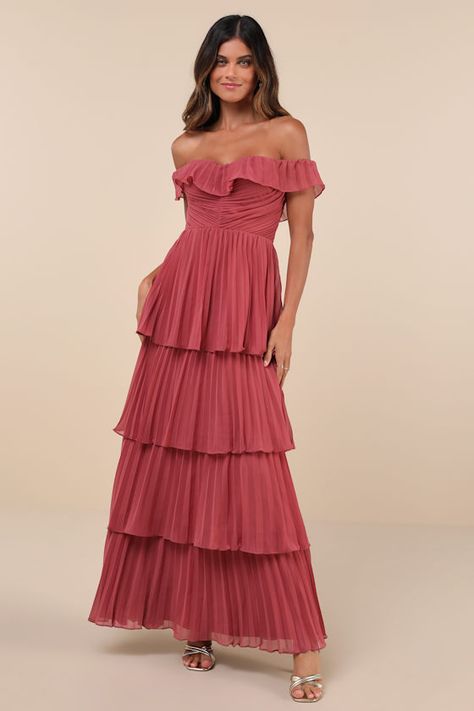 With the Lulus Always Remarkable Rusty Rose Pleated Off-the-Shoulder Maxi Dress, it's inevitable that compliments will follow you all night long! Airy, pleated woven chiffon shapes a lightly gathered bodice with hidden no-slip strips and a sweetheart-style neckline adorned with ruffled trim that flows into fluttery, off-the-shoulder straps (with elastic at the shoulders). The high, fitted waist tops a tiered, A-line skirt that cascades down to a sweeping maxi hem. Hidden back zipper/clasp. Fit: Rusty Rose, Rose Bridesmaid Dresses, Rose Maxi Dress, Gathered Bodice, Dresses Quinceanera, Pink Bridesmaid Dresses, Evening Dresses Cocktail, Bridal Party Dresses, Adhesive Bra