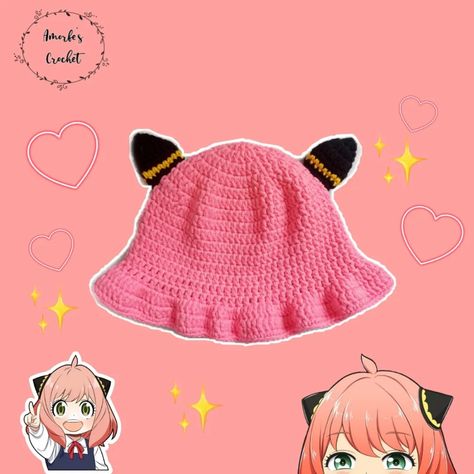 Kawaii Hats, Kawaii Hat, Bucket Hat Crochet, Anya Forger, Crochet Bucket, Crochet Bucket Hat, Hat Crochet, Crochet Tops, Crochet Ideas