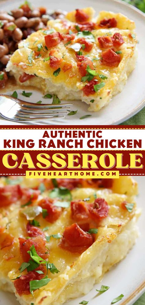 Try this simple comfort food! It's an authentic king ranch chicken casserole from scratch. Baked in a creamy homemade sauce with Rotel and jalapeños, this easy casserole recipe is a hearty dinner! King Ranch Casserole, King Ranch Chicken Casserole, King Ranch Chicken, Mothers Day Dinner, Ranch Chicken Casserole, Canned Soup, Make From Scratch, King Food, Simple Dinner