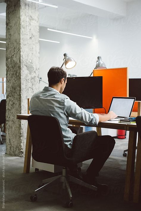 Man sitting at his desk and working on a laptop by Branislav Jovanović Unique Office Decor, Working On Laptop, Office Men, Corporate Portrait, Man Office, Man Sitting, Person Sitting, Business Photos, Inverness