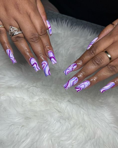 Swirly Nail Designs Purple, Purple Wavy Nails, Purple Abstract Nails, Dope Nail Designs Purple, Abstract Swirl Nails, Purple Swirl Nails, Stacy Dash, Pink Swirl Nails, Colourful Acrylic Nails