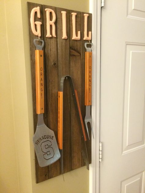 Grill utensil holder sign Utensils Holder Diy, Bbq Utensil Holder, Outdoor Nook, Bbq Diy, Grill Sign, Utensil Holders, Grilling Utensils, Diy Bbq, Patio Cover