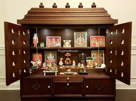 Pooja Mandirs USA - Chitra Collection - Closed Models Diy Pooja Mandir, Wooden Temple For Home, Pooja Door Design, Mandir Design, Temple Design For Home, Pooja Mandir, Pooja Room Door Design, Pooja Room Design, Goddess Decor