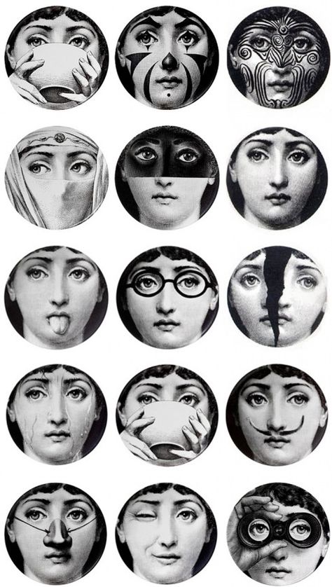 Just got my first Fornasetti plate!  The "tribal" one (of course) in the top right. Would love to get the first one in the second row to keep it company... Fornasetti Plates, Fornasetti Wallpaper, Piero Fornasetti, Lily Rose Depp, Facial Expressions, White Photo, Marie Antoinette, Art Director, Grafik Design