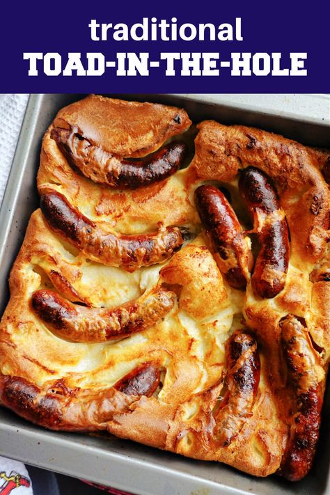 Toads In A Hole Recipe, British Toad In The Hole, Toads In A Hole, British Cooking Recipes, British Crockpot Recipes, Road In The Hole Recipe, British Casserole Recipes, Toad In The Hole Recipe Jamie Oliver, Uk Recipes Dinners