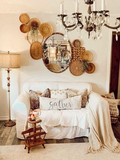 Boho Farmhouse Living Room, Boho Glam Home, Wall Basket Decor, Vintage Boho Decor, Boho Farmhouse Decor, Thrifted Decor, Thrifted Home Decor, Basket Decor, Cottage Style Decor