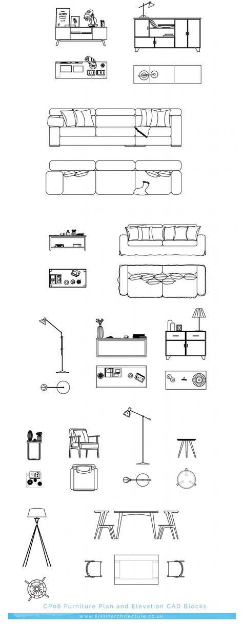 Architecture Drawing Furniture, Furniture Plans Architecture, How To Draw Furniture, Plan Section Elevation Drawings, Interior Elevation Drawing, Furniture In Plan, Section Architecture, Interior Elevation, Floor Plan Symbols