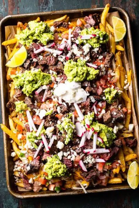 Carne Asada Fries | So Much Food Carne Asada Fries Recipe, Grilled Carne Asada, Authentic Carne Asada Recipe, Loaded Fries Recipe, Carne Asada Fries, Weeknight Dinner Recipes, So Much Food, Crispy Fries, Impressive Desserts