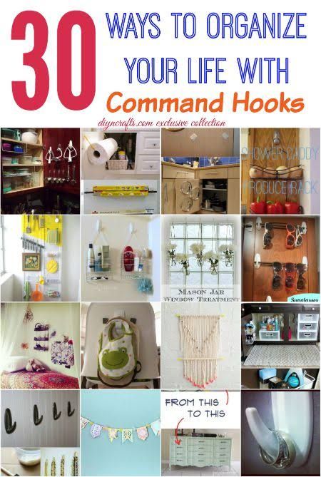 30 Wonderful Ways to Organize your Life with Command Hooks {Round up} Diy Hooks, Command Hooks, Ways To Organize, Household Organization, Organize Declutter, Declutter Your Home, Command Strips, Organize Your Life, Life Organization