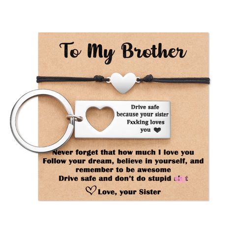 PRICES MAY VARY. Pull On closure 【Brother Keychain from Sister】- "Drive safe because your sister loves you", a funny way to remind your brother you love that you want him to be safe, what a meaningful brother gift from sister 【High Quality Keychain】- Our funny keychain made of premium stainless steel, thick and sturdy, smooth surface and highly scratch-resistant, no tarnish no rust and hypoallergenic, safe for sensitive skin 【Keychain Size】- The pendant:1.76inch*0.45inch, perimeter 1.16inch, fit Sister Mothers Day, Keychain Matching, Drive Safe Keychain, Brother Sister Gifts, Brother Humor, Funny Keychain, Nephew Gifts, Latest Henna Designs, Sister Christmas