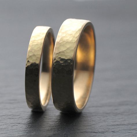 Hammered Wedding Band Set 18ct Yellow Gold Wedding by OddPower Two Wedding Rings, Cosmic Necklace, Hammered Wedding Band, Hammered Wedding Rings, Wedding Rings Sets His And Hers, Gold Wedding Ring Set, Hammered Wedding Bands, Wedding Rings Round, Celtic Wedding Rings