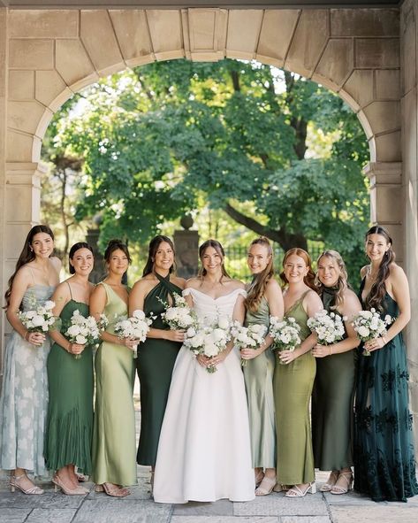 @elizabethinlove with this beautiful mismatched green bridesmaid dresses for Andie’s stunning wedding 💚 Green Gold Bridesmaid Dresses, Mismatch Green Bridesmaid Dress, Bridesmaid Themes Color Schemes, Dark Green Bridesmaid Dresses Mismatched, Miss Match Bridesmaid Dresses, Bridesmaid Mismatched Dresses, Green Mix And Match Bridesmaid Dresses, Mismatched Bridesmaid Dresses Green, Bridesmaid Green Dresses