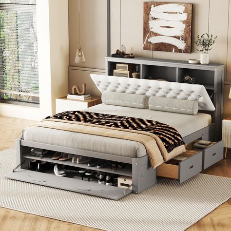 PRICES MAY VARY. 【Platform Bed with Upholstery Headboard】- The 62.5'' x 20'' upholstered headboard provides a more comfortable and safe sleep. A wooden platform bed with storage is simple and natural and will leave a lasting impression on your room. Overall Product Dimension:90.6''L x 63''W x 43.3''H. Mattress dimension: 80 x 60inches (L x W), Mattress not included. 【Queen Bed with Multiple Storage Spaces】- The headboard features built-in storage shelves. In addition, there are 4 drawers under the bed. Your bedding, toys, cell phone, etc. can all be stored safely. 【Queen Platform Bed with Shoe Rack 】- The double-layer shoe rack at the end of the bed can perfectly store your extra shoes without taking up your precious space. This queen bed frame With sturdy wooden slats, so no box spring ne Queen Platform Bed With Storage, Bed With Storage Headboard, Bed Designs With Storage, Simple Bed Designs, Storage Headboard, Wood Platform Bed Frame, Wooden Platform Bed, Queen Size Platform Bed, Platform Bed With Storage