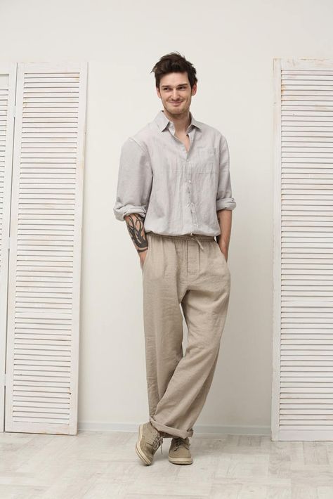 Linen trousers fathers day gift from son and daughter - 100% European flax - pre-washed/pre-shrunk - medium weight linen - soft and comfortable - great texture and lovely wrinkles Linen Pants For Men Summer, How To Style Linen Pants Men, Mediterranean Clothing Style Men, Outfits With Linen Pants Men, Mens Linen Pant, Linen Wear Men, Linen Wedding Guest Outfit Men, Men Style Linen, Summer Linen Menswear