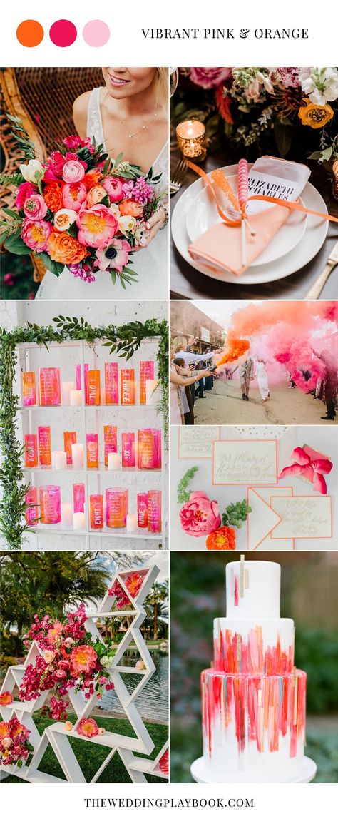 Pink And Orange Wedding, Orange Wedding Themes, Orange And Pink Wedding, Colorful Wedding Cakes, Wedding Color Palettes, Summer Bridal Showers, Boda Mexicana, Bright Wedding, Summer Wedding Colors