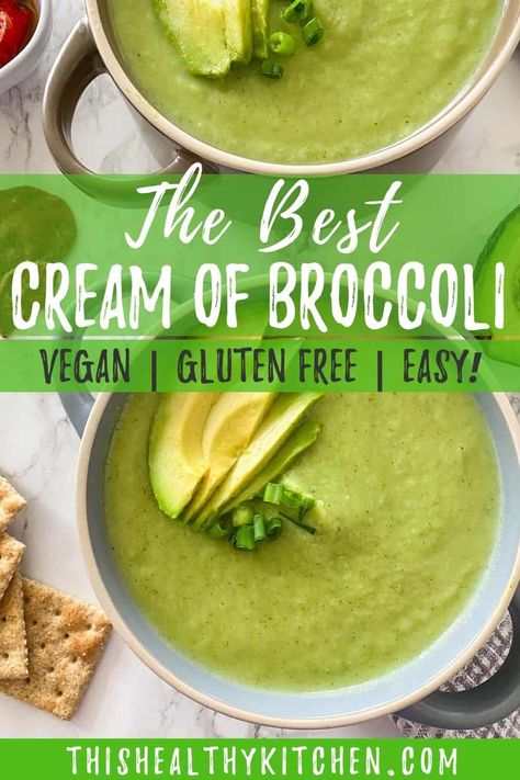 You have to try this EASY and delicious recipe for cream of broccoli soup. This healthy dish is ready in no time and perfect for kids and adults too! It's vegan, dairy free and easily made oil free too! #vegansoup #vegan #healthyfood Dairy Free Broccoli Soup, Recipe For Cream Of Broccoli Soup, Dairy Free Cream Soup, Easy Cream Of Broccoli Soup, Best Broccoli Soup, Broccoli Soup Vegan, Creamy Broccoli Soup Recipe, Easy Broccoli Soup, Broccoli Soup Healthy