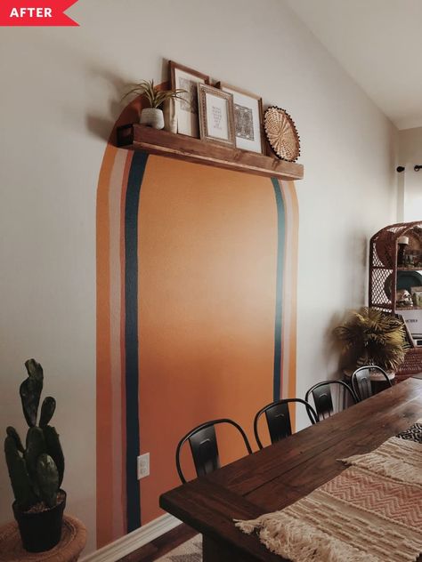 DIY Painted Arch in a Cheap Dining Room Update | Kitchn Arch Wall Mural Diy, Painted Wall Feature, Painted Headboard On Wall, Arch Wall Design, Painted Arch Wall, Painted Arch, Painted Headboard, Wall Feature, Arch Wall