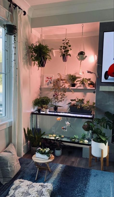 bedroom decor aesthetic plants books boho college green brown Terrarium In Bedroom, Dream Fish Tank, Fish Tank Behind Couch, Fishtank Room Ideas, Fish Tank In Bedroom Ideas, Fish Tank Entryway, Fish Tank Display Ideas, Aquarium Living Room Ideas, Apartment Fish Tank