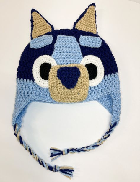 Blue Crochet Hat Pattern Free, Blue Crochet Hat Pattern, Bluey Hat Crochet, Blue Hat Crochet, Crochet Bluey Hat Free Pattern, Crochet Bluey Hat, Blue Things To Crochet, Crochet Paw Patrol Hat, Crochet Batman Blanket