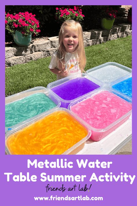 Metallic Water Table Summer Activity  - Friends Art Lab Water Table Activities Preschool, Water Table Ideas, Water Play Activities, Water Play For Kids, Sensory Water, Water Table Activities, Summer Activity, Sensory Table, Friends Art