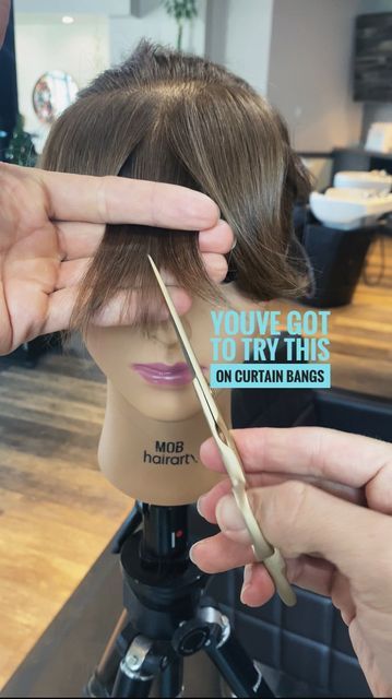 Ray Hornback Bob Haircutting Education on Instagram: "Give this a try on your next client with curtain bangs. This will open up and lighten up that middle area where alot of clients want that hair to feel shorter. This will allow you to get that short center area while allowing the sides to remain longer and maintain the ability to flip outward." Bangs Shorter In The Middle, Middle Part Bob With Bangs, Flipped Out Bob With Bangs, Shorter Curtain Bangs, Bob Cut With Curtain Bangs, Curtain Bangs With Side Part, Shattered Bob, Bangs Tutorial, Inverted Long Bob