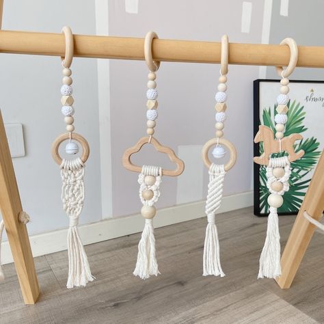 View Play Gym Toys by HandcraftedFairyland on Etsy Macrame Baby Room, Play Gym Toys, Natural Baby Toys, Baby Tummy Time, Wooden Baby Gym, Perfect Photography, Baby Gym Toys, Macrame Baby, Tummy Time Mat