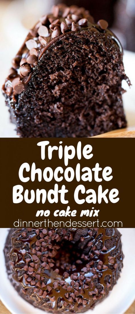 Triple Chocolate Bundt Cake with the richest chocolate cake made from scratch… Triple Chocolate Bundt Cake Recipe, Crockpot Chocolate Cake, Ganache Cookies, Cookies Japanese, Triple Chocolate Bundt Cake, Matilda Chocolate Cake, Cookies Sandwich, Hershey Chocolate Cakes, Cookies Shortbread