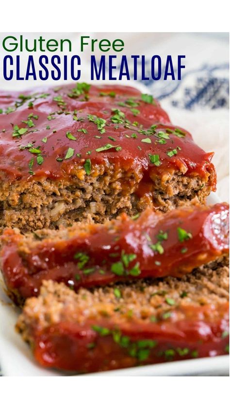 This Gluten Free Meatloaf recipe is classic comfort food! Tender and juicy, made with savory ground beef and a tangy brown sugar glaze. Gluten Free Meatloaf Recipes Easy, Best Gluten Free Meatloaf, Low Fodmap Meatloaf Recipes, Gf Meatloaf Recipes, Easy Gluten Free Meatloaf, Gluten Free Meatloaf With Oatmeal, Gluten Free Dairy Free Meatloaf, Gluten Free Ground Pork Recipes, Celiac Safe Recipes