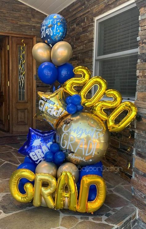 Graduation Party Backdrop Ideas Balloons, Blue And Gold Graduation Decorations, Senior Balloon Bouquet, Blue Black And Gold Graduation Party, Graduation Party Ideas Decorations Blue And Gold, Blue And Gold Balloons Decoration, 2023 Graduation Balloons, Graduation Cake Blue And Gold, Graduation Party Blue And Gold