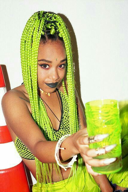 Lime green braids Green Braids, Poetic Justice Braids, Blonde Box Braids, Colored Braids, Long Box Braids, Box Braids Hairstyles For Black Women, Braids With Extensions, Box Braids Styling, Black Makeup